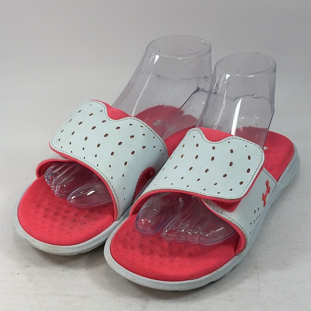 Under Armour Slides Youth Size 4Y White & Pink Cushion Hook & Loop Closure